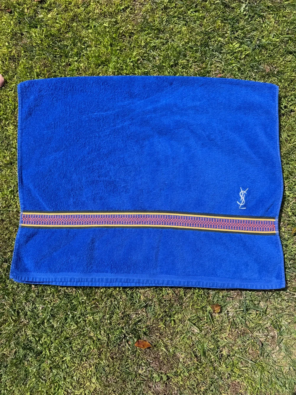 VTG Yves Saint Laurent YSL Bath Towel Bright Blue Embroidered Edge 25x41 France